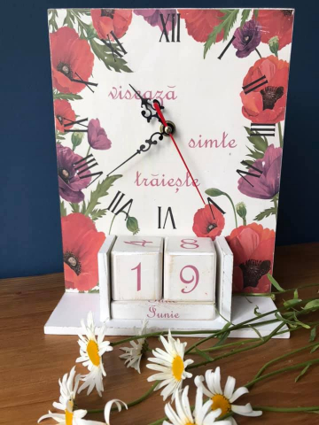 Decorațiuni cu ceas - Calendar perpetuu cu ceas, handmade, model Maci