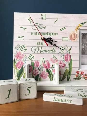 Calendar perpetuu cu ceas, ramă foto și eprubetă, model Lalele [2]