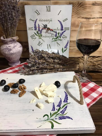 Decorațiuni cu ceas - Set pictat Lavandă format din calendar perpetuu cu ceas și tavă