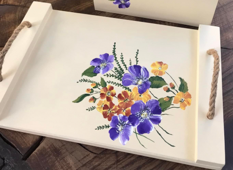 Tavă pictată manual, model Flori mov și portocalii [2]