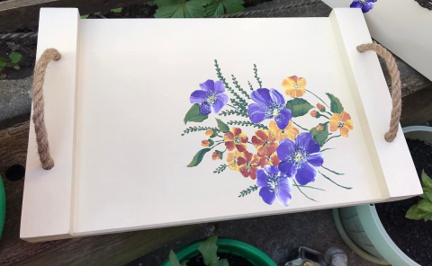 Tăvi - Tavă pictată manual, model Flori mov și portocalii