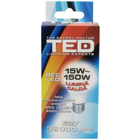 Electrice - Becuri & Prelungitoare - Bec LED E27, 15W, 2700K, 36.000h,1600lm, lumina calda