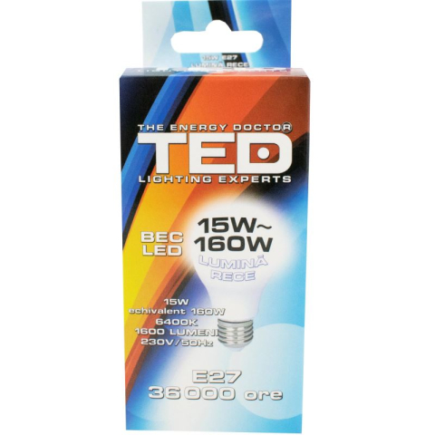 Electrice - Becuri & Prelungitoare - Bec LED E27, 15W, 6400K, 36.000h, lumina rece