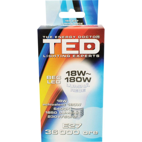 Electrice - Becuri & Prelungitoare - Bec LED E27, 18W, 6400K, 36.000h, lumina rece