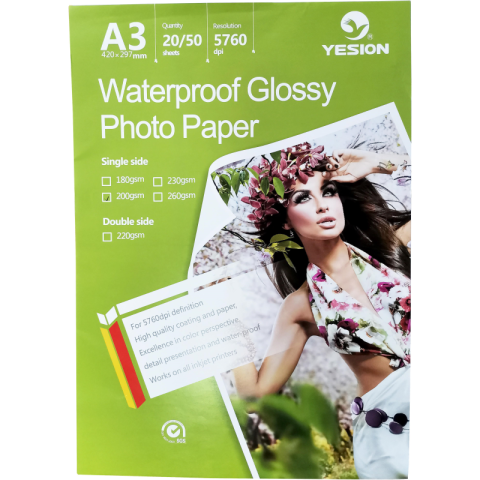 Hârtie foto - Hartie foto Yesion Waterproof Glossy A3, 200 g/mp, 20 coli/pachet