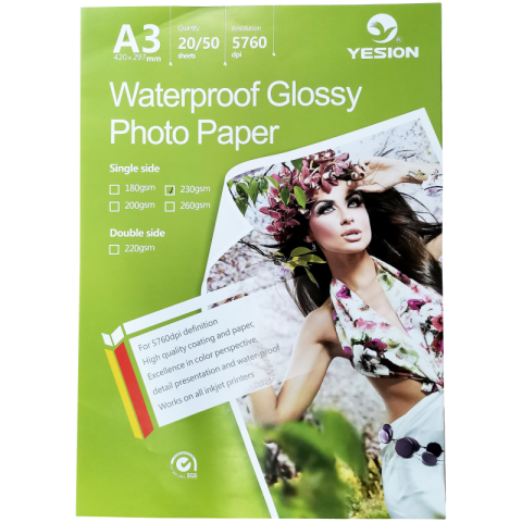 Hârtie foto - Hartie foto Yesion Waterproof Glossy A3, 230 g/mp, 20 coli/pachet