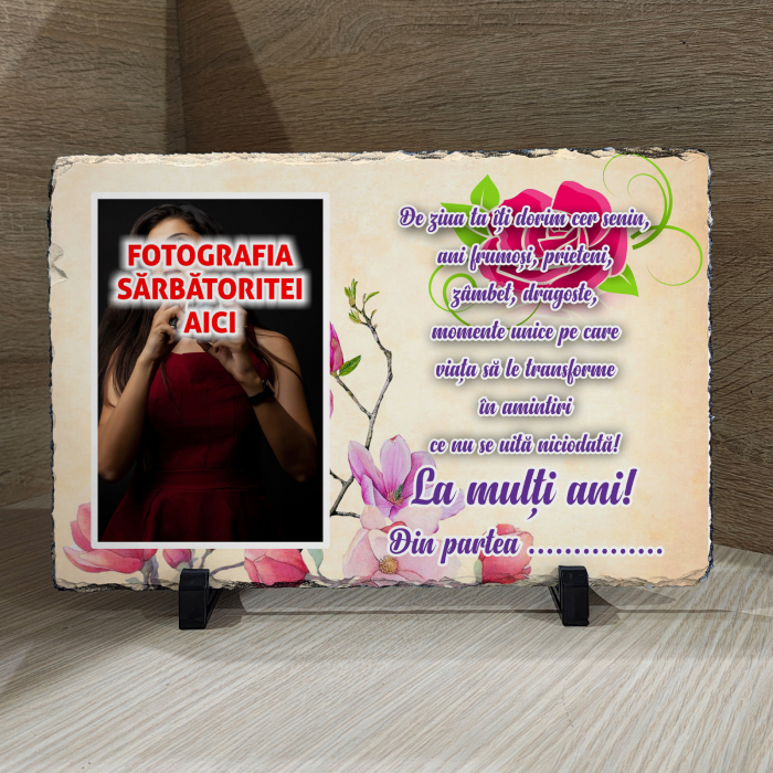 PIATRĂ DE ARDEZIE ANIVERSARĂ CU FOTOGRAFIE ȘI MESAJ (femeie) [1]