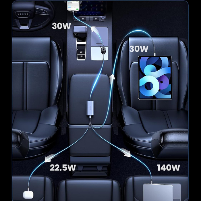 Car Charger EC706 (35571) - with Splitter, USB, 3x Type-C, 150W, GaN, Fast Charge, 1m - Black [2]