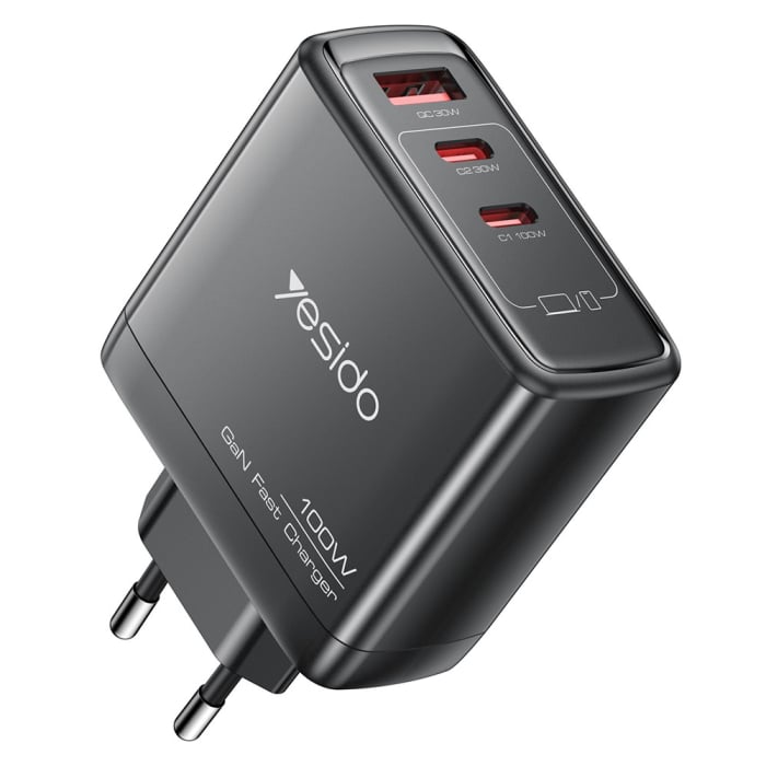 Wall Charger (YC142) - GaN, Fast Charging, 3in1, for Phone, Laptop, Tablet, USB, 2x Type-C, 100W - Black [1]