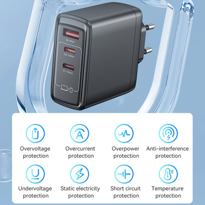 Wall Charger (YC142) - GaN, Fast Charging, 3in1, for Phone, Laptop, Tablet, USB, 2x Type-C, 100W - Black [2]