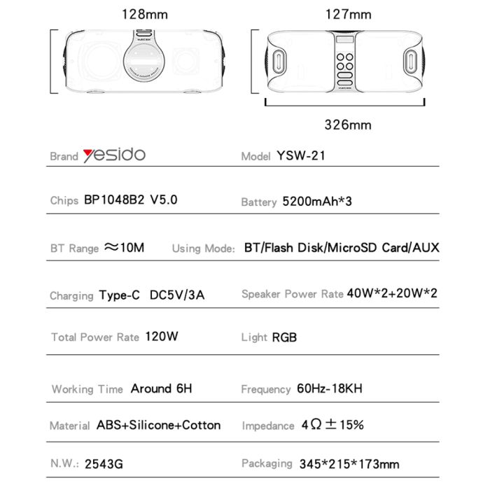Wireless Speaker (YSW21) - with UHF Microphone, Bluetooth 5.0, RGB Lights, IPX6, TF, AUX, 5200mAh, 120W - Black [3]