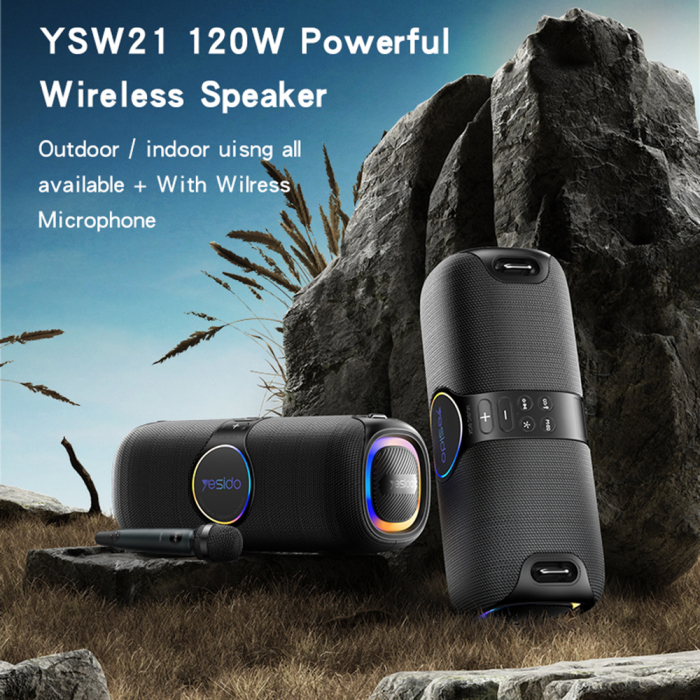 Wireless Speaker (YSW21) - with UHF Microphone, Bluetooth 5.0, RGB Lights, IPX6, TF, AUX, 5200mAh, 120W - Black [6]