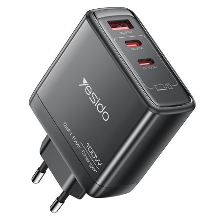 Incarcatoare - Wall Charger (YC142) - GaN, Fast Charging, 3in1, for Phone, Laptop, Tablet, USB, 2x Type-C, 100W - Black