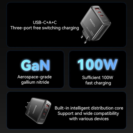 Wall Charger (YC142) - GaN, Fast Charging, 3in1, for Phone, Laptop, Tablet, USB, 2x Type-C, 100W - Black [3]