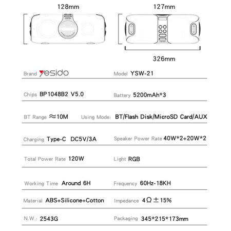 Wireless Speaker (YSW21) - with UHF Microphone, Bluetooth 5.0, RGB Lights, IPX6, TF, AUX, 5200mAh, 120W - Black [2]