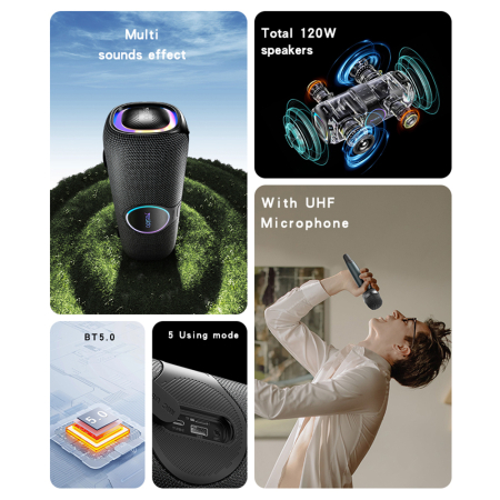 Wireless Speaker (YSW21) - with UHF Microphone, Bluetooth 5.0, RGB Lights, IPX6, TF, AUX, 5200mAh, 120W - Black [3]