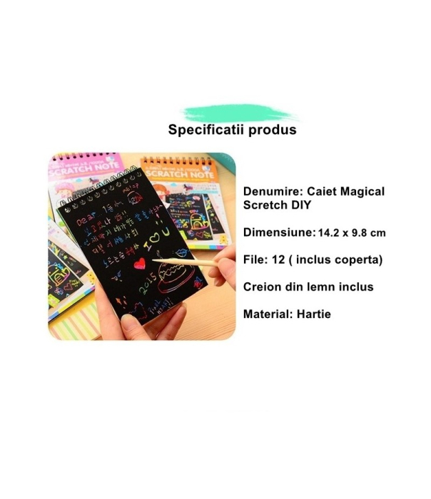 Caiet cu fise razuibile DIY Magic Scratch, 12 File, Curcubeu, Creion din Lemn, Cartonase negre, 14.2 x 9.8 cm, Roz deschis [2]
