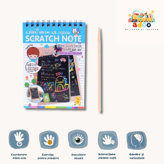 Caiet cu fise razuibile DIY Magic Scratch, 12 File, Curcubeu, Creion din Lemn, Cartonase negre, 14.5 x 10 cm, albastru [1]