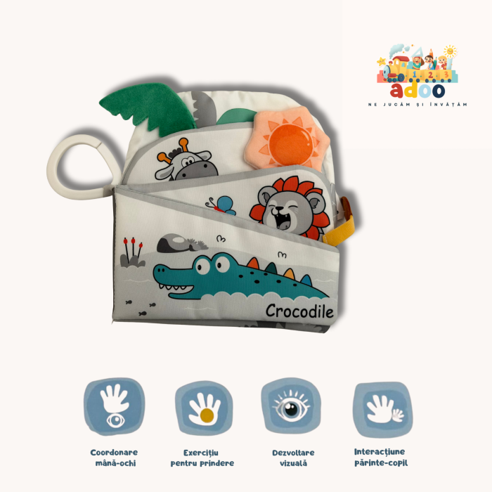 Carte Textilă Interactivă pentru Bebeluși – Dezvoltare Vizuală, Auditivă și Tactilă Animale sălbatice 2 [1]