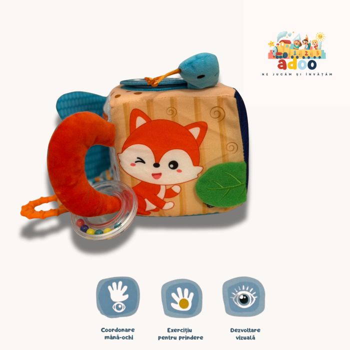 Cub Textil Senzorial cu Vulpiță – Jucărie Moale cu Zornăitoare pentru Bebeluși [1]