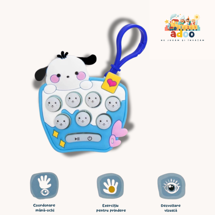 Jucarie interactiva Pop It Gopher cu lumini si muzica, tip breloc, model catelus, material silicon si ABS, bleu [1]