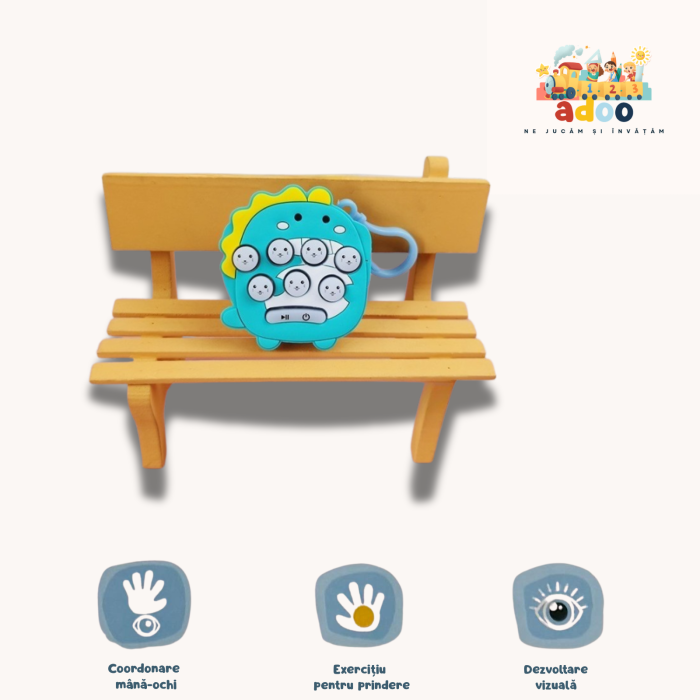 Jucarie interactiva Pop It Gopher cu lumini si muzica, tip breloc, model dinozaur, material silicon si ABS, albastru [1]