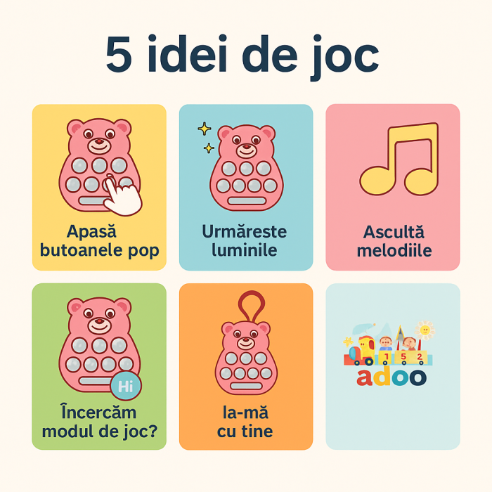 Jucarie interactiva Pop It Gopher cu lumini si muzica, tip breloc, model ursulet, material silicon si ABS, roz [2]