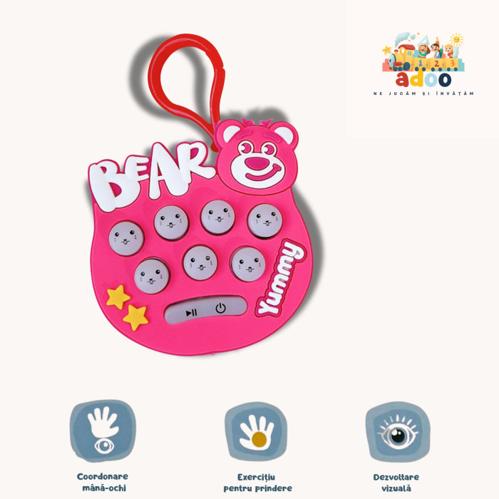 Jucarie interactiva Pop It Gopher cu lumini si muzica, tip breloc, model ursulet, material silicon si ABS, roz [1]