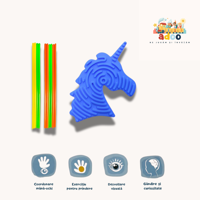 Jucarie senzoriala interactiva, antistres, model Unicorn, cu 11 betisoare multicolore, doua fete de joc, din silicon, 18.5 cm, A [1]