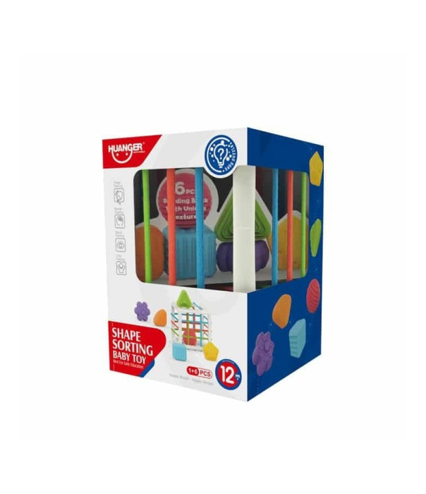 Jucarie senzoriala pentru bebelusi cub sortator cu benzi elastice si forme geometrice, Huanger [5]