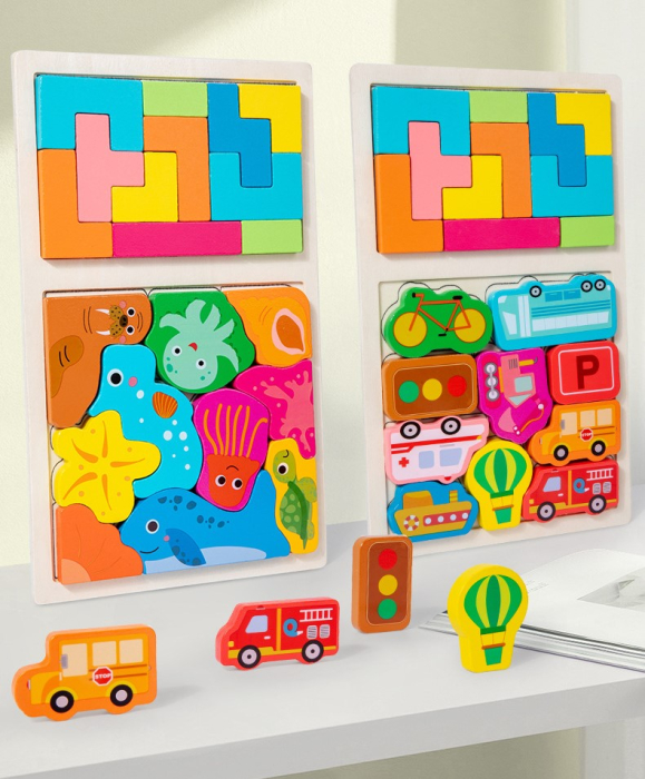 Puzzle Montessori din Lemn pentru Copii, Tip Tetris 2in1 +3 Ani, cu Animale Marine Colorate 3D, Educativ, Intuitiv, Creativ, 21 [4]