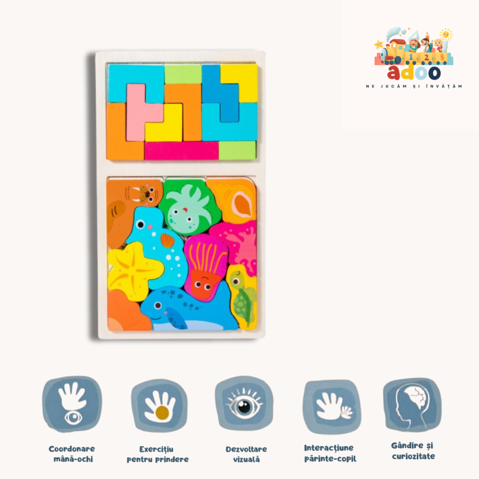 Puzzle Montessori din Lemn pentru Copii, Tip Tetris 2in1 +3 Ani, cu Animale Marine Colorate 3D, Educativ, Intuitiv, Creativ, 21 [1]