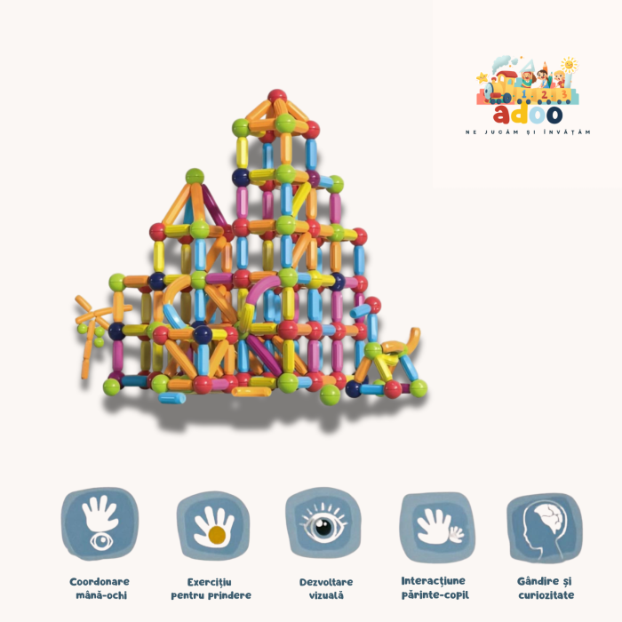 Set 100 Piese Magnetice de Constructie, Magnetic Sticks, Bastonase si Bile, 3 Ani, ABS, Magnet, 24 x 18.5 x 14 cm, Multicolor [1]