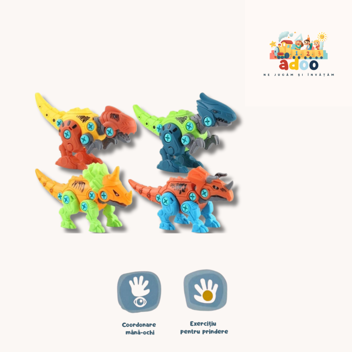 Set constructie, 4 Dinozauri cu bormasina electrica, surubelnita si cutie depozitare, 22 cm [1]