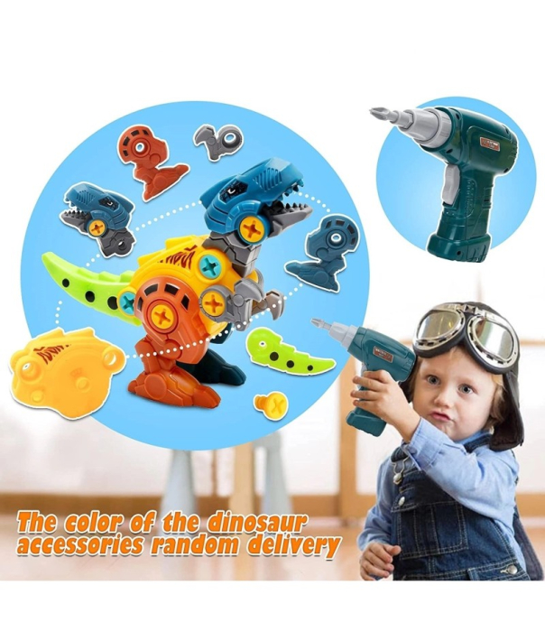 Set constructie, 4 Dinozauri cu bormasina electrica, surubelnita si cutie depozitare, 22 cm [4]