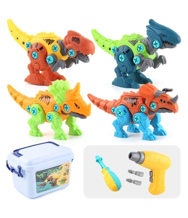Set constructie, 4 Dinozauri cu bormasina electrica, surubelnita si cutie depozitare, 22 cm [3]