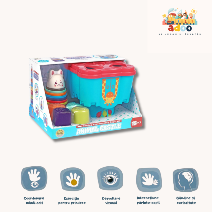 Set educativ de Stivuire si Sortare, Turnul cu animalute si cutie de depozitare, 15 piese [1]