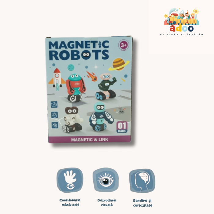Set inteligent de blocuri magnetice pentru copii, 7 piese, cutie depozitare, robotel, albastru [3]