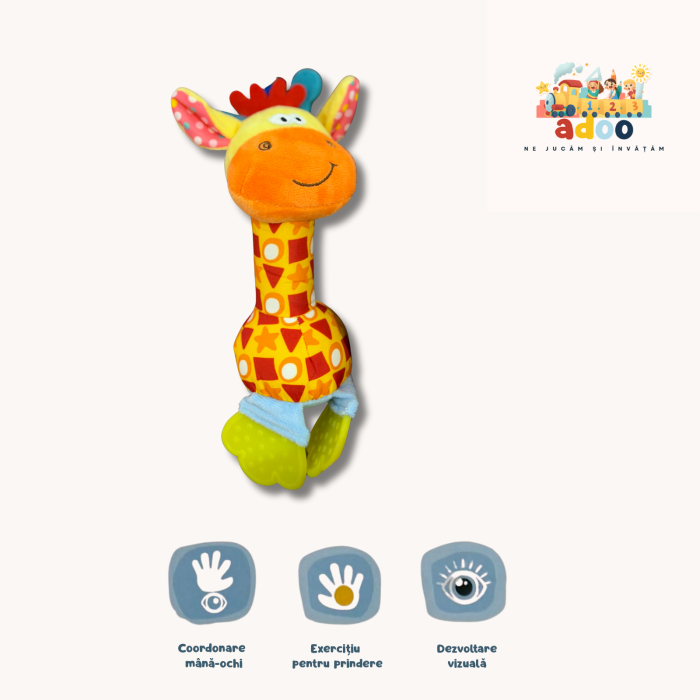 Zornăitoare Girafă din Pluș cu Mâner pentru Dentiție – Jucărie Educațională pentru Bebeluși [1]
