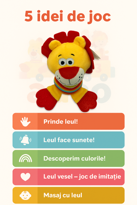 Zornăitoare Leu din Pluș cu Mâner pentru Dentiție – Jucărie Educațională pentru Bebeluși [3]