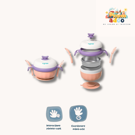 Diversificare - Bol termic , lingurita si furculita , baza antialunecare, mov, U-Grow