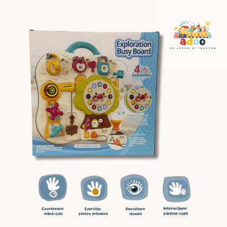 0–6 luni - Busy Board Montessori cu Lumini și Sunete – Jucărie Interactivă pentru Stimularea Dezvoltării Copiilor