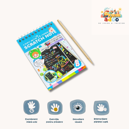 4-6 ani - Caiet cu fise razuibile DIY Magic Scratch, 12 File, Curcubeu, Creion din Lemn, Cartonase negre, 14.2 x 9.8 cm, Baby Blue
