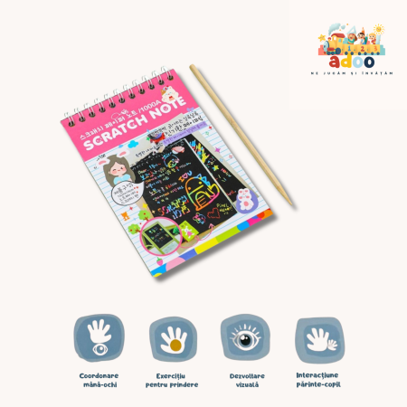4-6 ani - Caiet cu fise razuibile DIY Magic Scratch, 12 File, Curcubeu, Creion din Lemn, Cartonase negre, 14.2 x 9.8 cm, Roz deschis