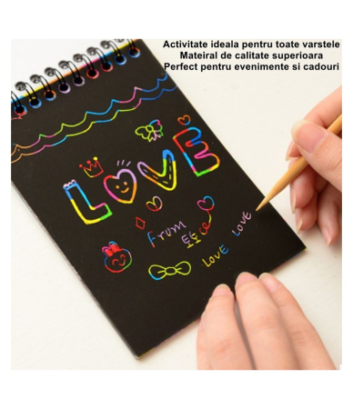 Caiet cu fise razuibile DIY Magic Scratch, 12 File, Curcubeu, Creion din Lemn, Cartonase negre, 14.2 x 9.8 cm, Roz deschis [2]