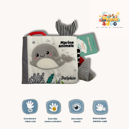 0–6 luni - Carte Textilă Interactivă pentru Bebeluși – Dezvoltare Vizuală, Auditivă și Tactilă Animale Marine