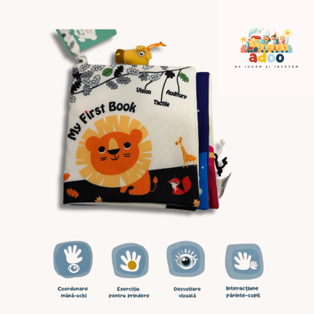 0–6 luni - Carte Textilă Interactivă pentru Bebeluși – Dezvoltare Vizuală, Auditivă și Tactilă Animale sălbatice