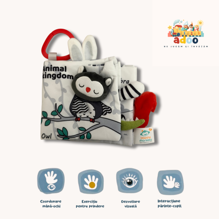 0–6 luni - Carte Textilă Interactivă pentru Bebeluși – Dezvoltare Vizuală, Auditivă și Tactilă - Bufnita
