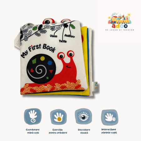 0–6 luni - Carte Textilă Interactivă pentru Bebeluși – Dezvoltare Vizuală, Auditivă și Tactilă - Melc