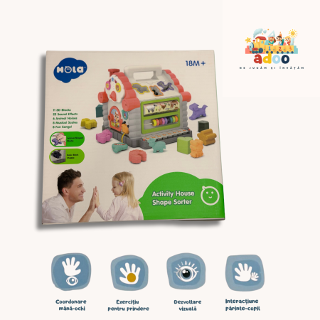 1-2 ani - Căsuță Montessori interactivă Hola – sortator de forme și animale pentru dezvoltarea copilului (18 luni+)